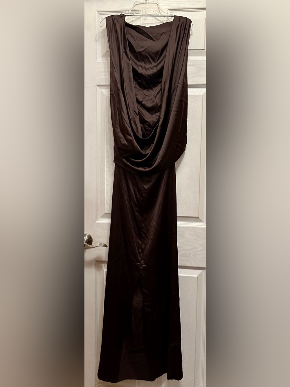Elegant Brown Satin Cowl Neck Women’s Dress